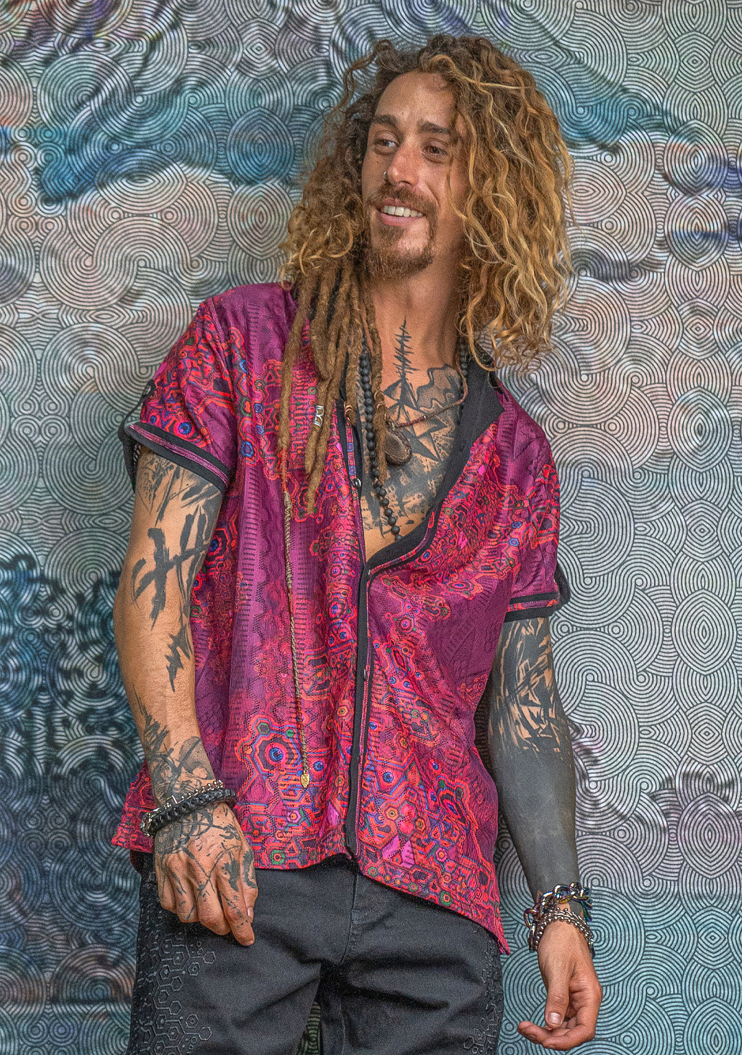 Shirt Men DOLCE Half Sleeves / Lace Black Border - Pink DEMETRIO